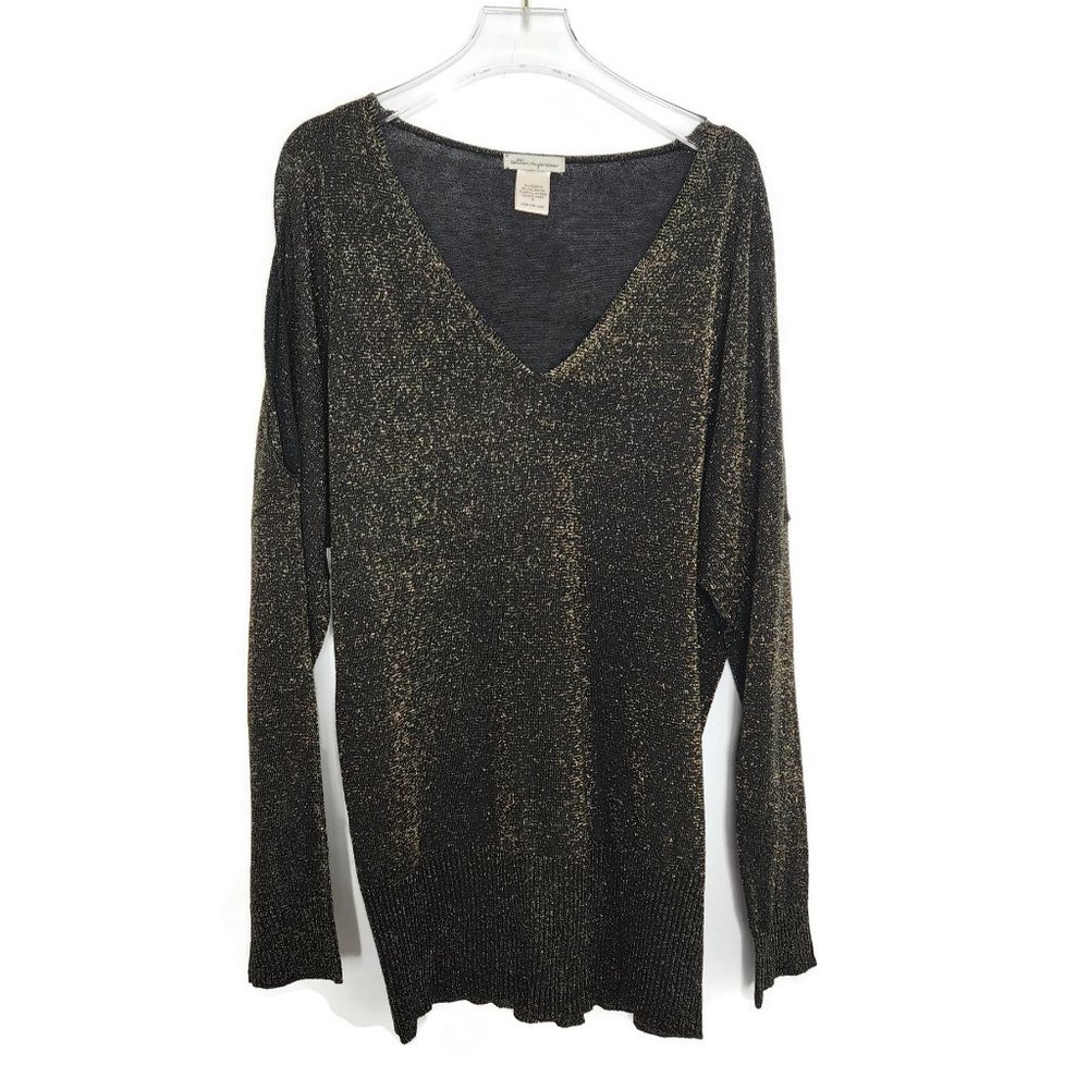 Cotton Emporium Blouse Medium Black Metallic Stretch Cold Shoulder V Neck